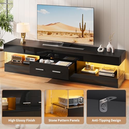 Image of Bestier 67 inch Modern TV Stand for 75 Inch TV, LED Entertainment Center, Black | Fits up to 75 in TV, High Gloss with Stone Pattern Doors, Storage Drawer & Shelves, 7-Color LED Lights for Living Room