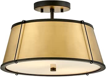 Hinkley Clarke Medium Semi-Flush Mount Ceiling Light, Lacquered Dark Brass Metal Tapered Drum Shade, Classic, Diffuser, Black Finish