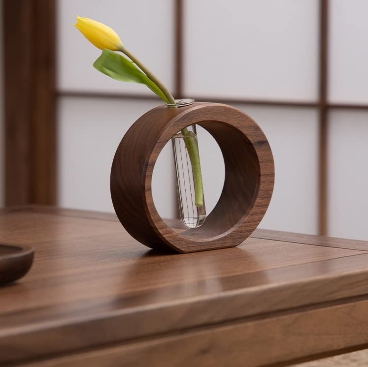 デスクトップ花瓶、試験管花瓶、水耕花瓶、黒胡桃花瓶、（約4.1*12.4*10.9 cm）、植物を含まない