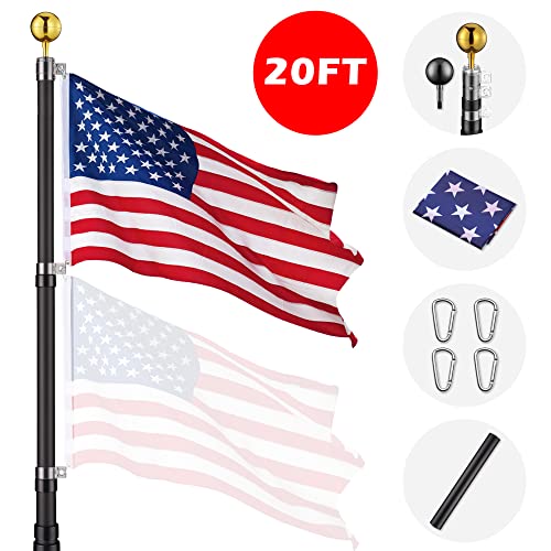 Yescom 20Ft Black Telescopic Aluminum Flag Pole 16 Gauge Fly 2 Flags 3'X5' Us Flag & Ball Top Kit Telescoping Flagpole Yard Outdoor Garden #TOP2
