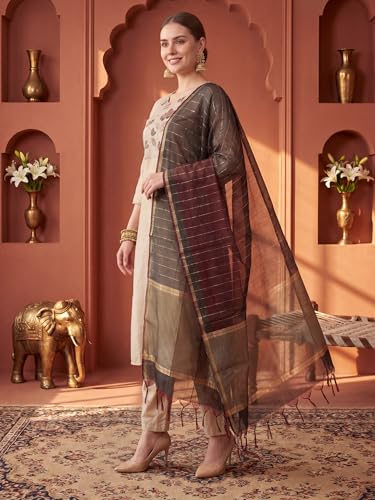 Image of INDO ERA Women's Cotton Blend Solid Straight Kurta Palazzo With Dupatta Set