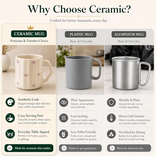 Image of The Earth Store Cream Bow Coffee Mug - 300ML Ceramic Coffee Mugs Set of 4 | Microwave & Dishwasher Safe Mugs for Gift | Home | Office | Restaurant | Daily Use