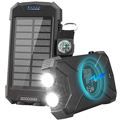 Solar Charger Wireless Power Bank, Portable 10000mAh Ultra-Compact External Battery Backup Pack Qi w 5V/2.1A Type-C Input,Solar Panel Emergency Charging, Dual Flashlights,Compass