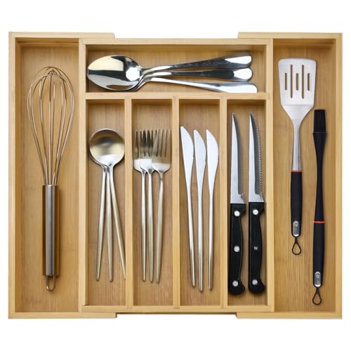 Large Bamboo Kitchen Utensil Drawer Organizer Expandable Flatware Silverware Tray Adjustable Cutlery Drawer Organizer Divider Insert Wood Silverware Utensil Holder Tray Spoon and Fork Organizer