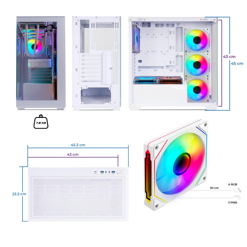 Spirit Of Gamer - Spark Artic, PC-Gehäuse, Gamer, Aquarium, RGB, kompatibel mit ATX/mATX/mITX, 6 Lüfter 120 mm ARGB inklusive, mittlere Tower Gaming leer mit seitlicher Vorderseite und Vorderseite aus