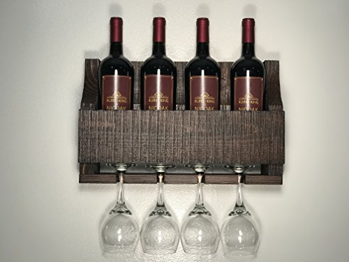 Empire USA - Barnwood Wall Mount Wine Rack holds 4 Wines and 4 Long Stem Glass Rustic Reclaimed Wood (Barn Brown Fir)