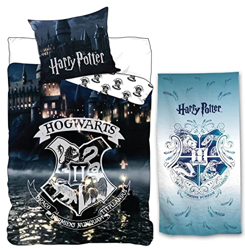 rainbowFUN.de Harry Potter Wende-Bettwäsche-Set 135x200 80x80 Bade-Handtuch 70x140 Bettbezug Strandtuch, Mehrfarbig Cover