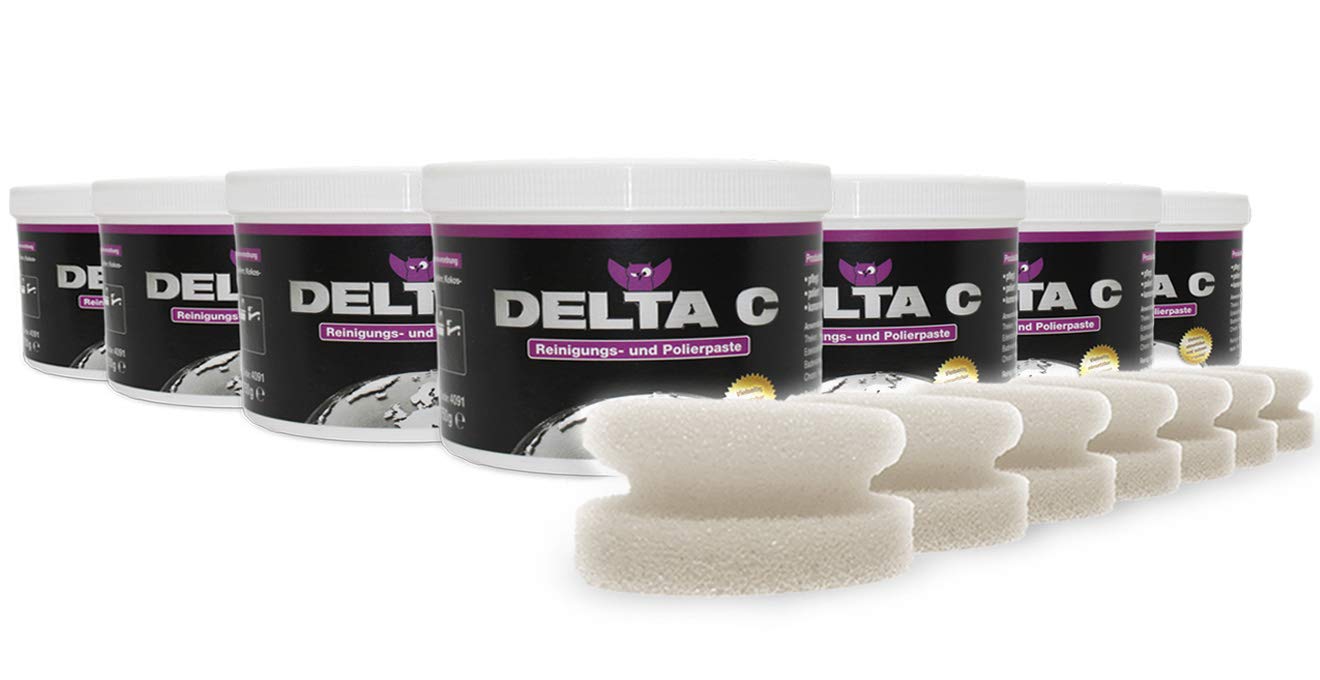 DELTA C Reinigungs- & Polierpaste mit Applikations-Schwamm 7er-Vorteilspack (7x 750g), Reinigungspaste Putzstein Metall-Reiniger Edelstahlreiniger Ceranfeldreiniger