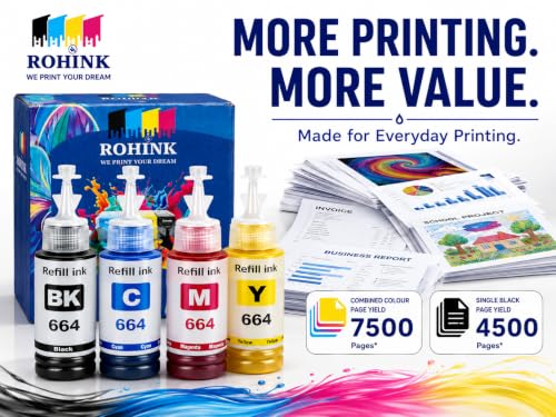 Image of ROHINK T664 Compatible Refill Ink for Epson L130, L360, L380, L361, L565, L210, L220, L310, L350, L355, L365, L385, L550, L555, L605, L1300 Printer - 70ml x 4 Bottle (B,C,Y,M)