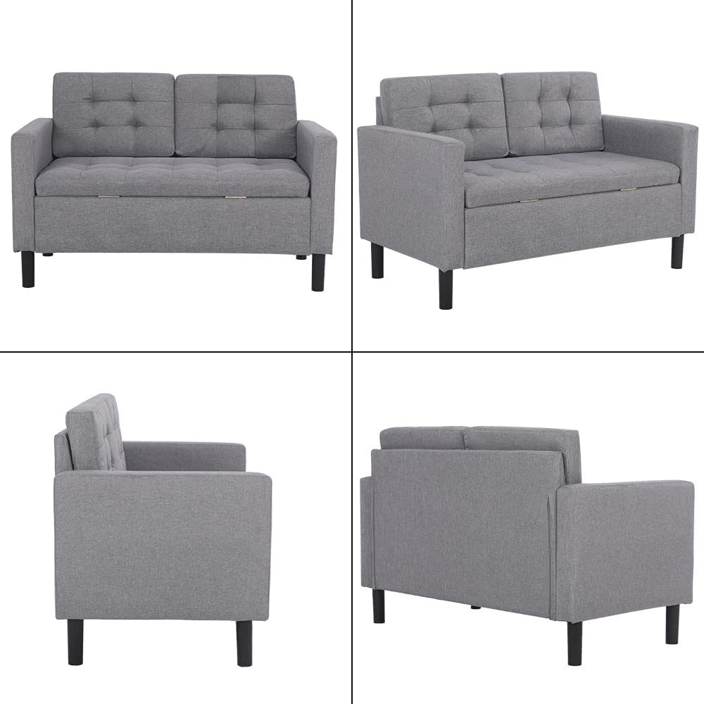 Mingone Sofa 2-zitsbank met opbergruimte, kleine bank met rugleuning, modern design van kussen, linnen, sofa voor 2 personen, lichtgrijs