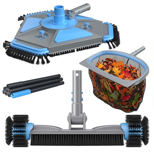 UIRWAY 4-in-1 Deluxe Swimming Pool Cleaning Kit - Includes Upgrade Triangular Pool Vacuum Head, Detachable Brush, Deep Leaf Skimmer Net, Adjustable Aluminum Pole Inground & Above Ground Pools