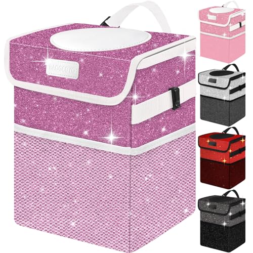 Image of Cute Mini Car Trash Bag with Lid, Glitter Garbage Can Bin Hanging for Back /Front Seat /Console, Waterproof, Leakproof, 2.5 Gallon, Purple Bling Sparkly