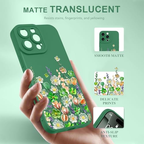 Image of Designed for iPhone 16 Pro Max Case Floral for Women Girls, Green | Cute Oil Painting Flower Pattern Liquid Silicone Phone Case [Full Camera Protection] Slim Soft TPU Protective Cover