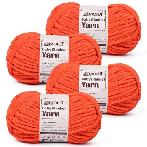 Image of Fluffy Chunky Yarn for Crocheting, Chenille Crochet Yarn 6 Super Bulky, 4 Pack of 87.9 yds /4.23 oz Baby Blanket Yarn, Soft Velvet Yarns for Knitting Amigurumi&DIY Crafts /Hats /Socks(4 Orange)