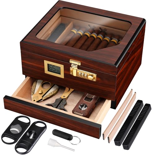 NEEDONE Cigar Humidor Box, Desktop Travel Case w/Cedar Wood Lining, Lock, V Cutter, Straight Cutter, Hole Punch, Humidifier, Hygrometer, Accessories Storage Drawer, Divider, Gifts for Men