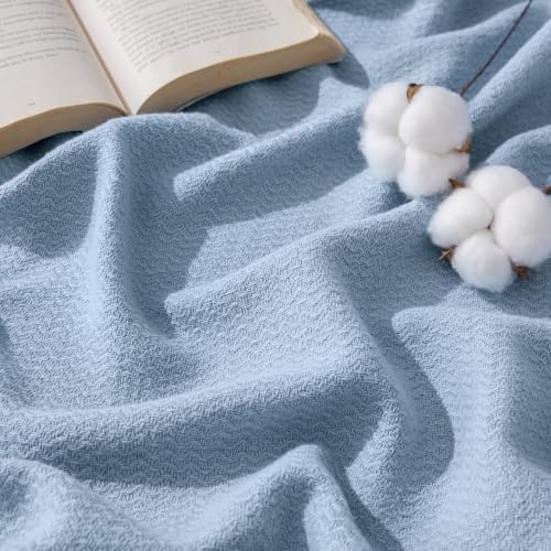 Image of Bedsure 100% Cotton Blanket, Herringbone Weave, Queen Size, Light Blue