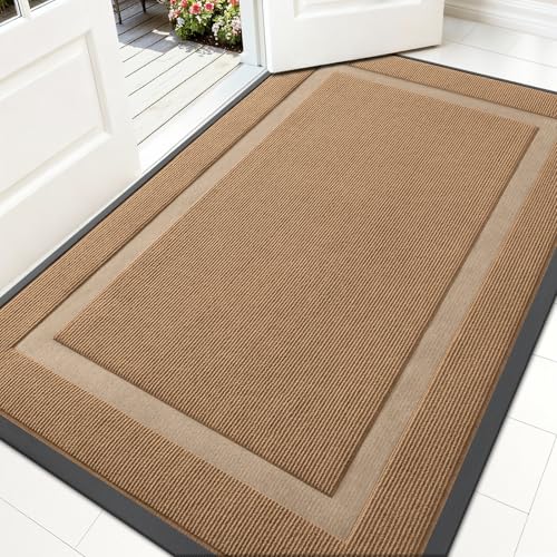 Image of OLANLY Front Door Mat Indoor Outdoor Entrance, Waterproof All-Season, All-Weather Doormat, Sturdy Natural Rubber, Fade Resistant, Low Profile, Easy Clean Patio Porch Entryway Mat, 59x34, Light Brown