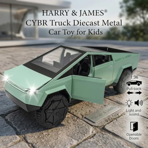 Image of HARRY & JAMES CYBR Truck Diecast Metal Car Toy for Kids 1:36 Scale Model Pull Back Action with Light & Sound Openable Doors Collectible Model Truck Tesla CyberTruck for Boys,Girls,Kids,Multicolor