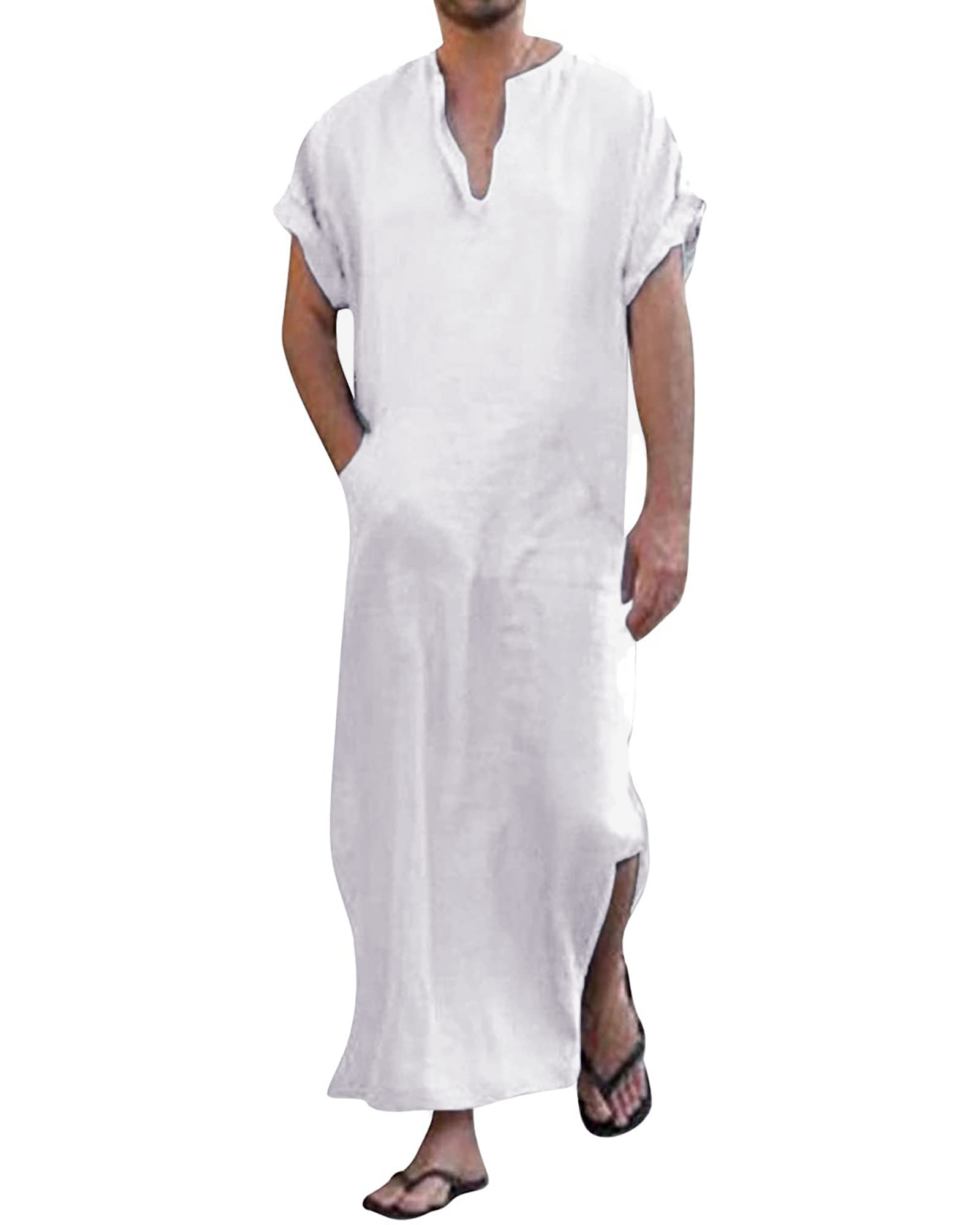 YAOHUOLE Men's Kaftan Short Sleeve Moroccan Thobe V-Neck Muslim Clothes Djellaba Nightshirt with Pockets