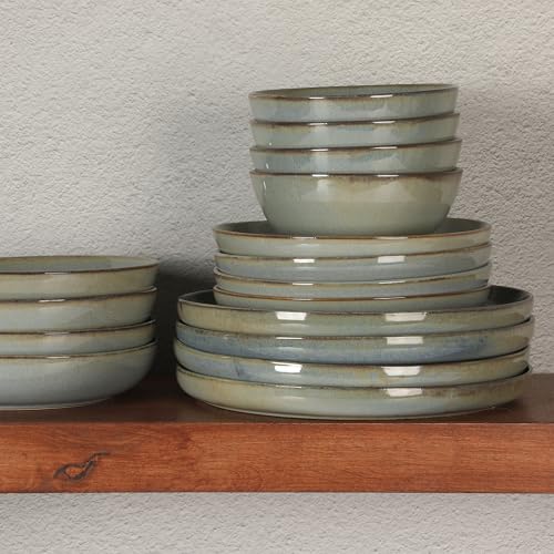 Image of Gibson Elite Berea 16 Piece (Service for 4) Plates and Bowls Reactive Glaze Round Dishes Stoneware Ceramic Dinnerware Set -Green