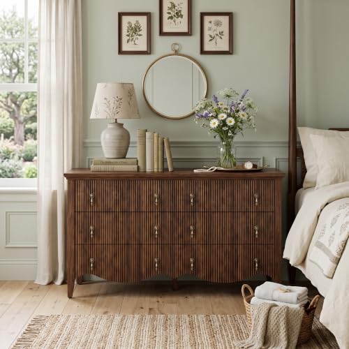 Image of FUSUNBAO 6-Drawer Fluted Dresser, 52 inch Wide Double Chest of Drawers,Walnut | Fluted Design, Horizontal Chest of Drawers, Freestanding Storage Cabinet, For Bedroom & Living Room, Farmhouse Decor