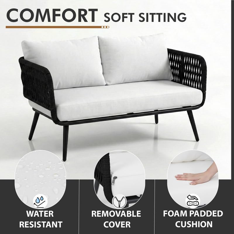 Image of BRISHI Outdoor Sofa Set || Balcony Sofa || Patio Furniture Sets | Conversation Sets | Braid & Rope Garden Seater Sofa Set and Center Table (4 Seater Black-White)