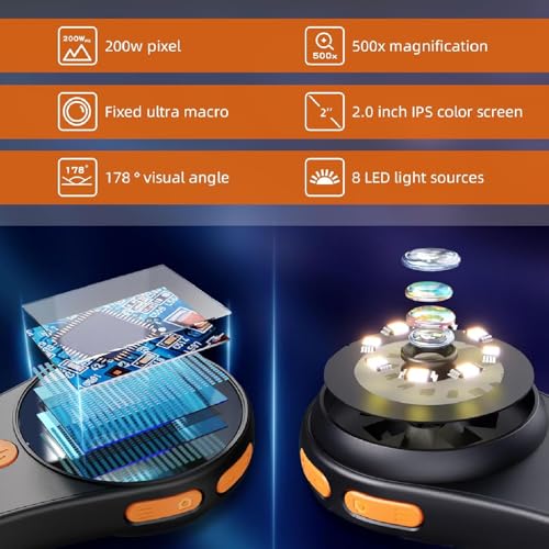 Image of Macro Digital Microscope, 500X Handheld Digital Microscope Fixed Focus, Portable Handheld Magnifying Glass with 2.0 Inch Screen, 2MP Pixels, Built in 8 LEDs, for OS