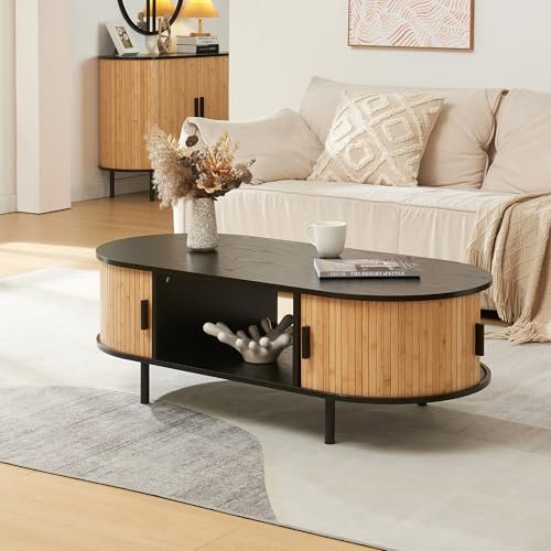 [en.casa] Table Basse Design Scandinave Table d'Appoint Bout de Canapé avec Portes Couilissantes Compartiments de Rangement MDF Bambou Métal 120 x 55 x 40 cm Naturel...