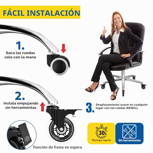 Miniatura 6 de Wewill Ruedas Para Sillas De Oficina Con Bloqueo, 5pcs Ruedas De Repuesto Para Sillas De Oficina En Moqueta Y Parquet, Ruedas Resistentes Al Desgaste Con Freno 10 22mm