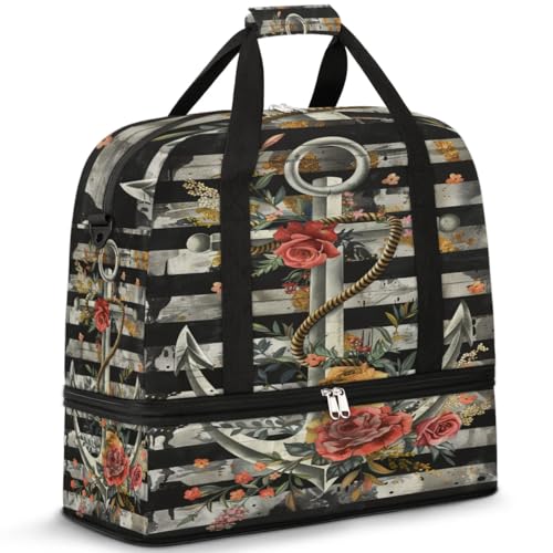 Travel Duffel Bag with Shoe Compartment, Anchor Rose Pattern Shoulder Weekender Bags for Women, Foldable Waterproof Travel Bag Carry on Bag