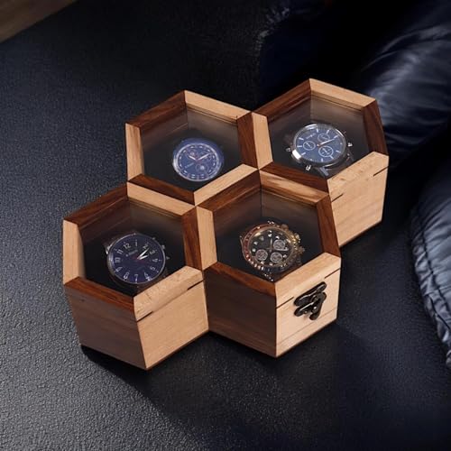 TIMBER TOUCHES Modern Watch Storage Box | Honey Comb Shape With Hinged Lid Display Case & Lock Holder | Wrist Watch Wood Box Portable Organizer for Men & Women Gift (4 Slot Rosewood)