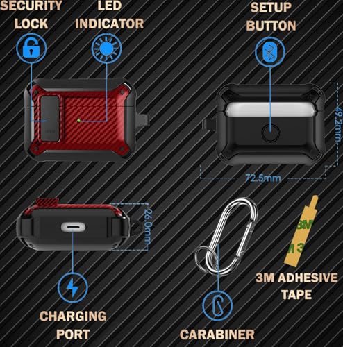 Image of Olytop for Airpods Pro 3 Case with Lock Clip, Rugged Apple Airpods Pro 3rd Generation Cover 2025 Men Women, Armor Shockproof iPod Pro3 Gen Protective Hard Shell with Carabiner&Cleaner kit,CF Black /Red