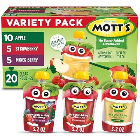 Mott's No Sugar Added Applesauce Variety Pack, 3.2 oz clear pouches, 20 pack, Made From Real Fruit, Good Source of Vitamin C, On-the-Go Cover