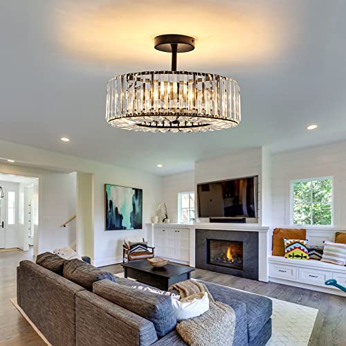 Image of Piepooye 4 Lights Modern Crystal Chandelier Black Round Semi Flush Mount Ceiling Light Fixture Farmhouse Chandelier for Dinning Room Living Room Bedroom Hallway Entryway Kitchen