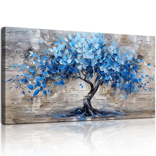 SERIMINO Tree of Life Wall Art Large Artwork, Blue Tree Abstract Wall Paintings, Nature Plant Canvas Art Prints, Modern Neutral Pictures Wall Decor Living Room Bedroom Office Meeting Room 24"X48"