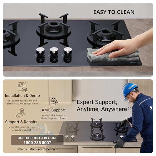 Image of Elica 90cm 4 Burner Auto Ignition Hob | RG FLEXI 491 LOTUS IND HD Brass | SABAF Brass Burners | Built-in & Freestanding | Toughened Black Glass | 10-Year Burner & 5-Year Glass Warranty