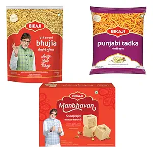 Bikaji Soan papdi manbhavan 500g & bhujia 200g & punjabi tadka 200g | Indian Sweet & Savory Snack Combo | 900g (31.74oz) Gift Pack