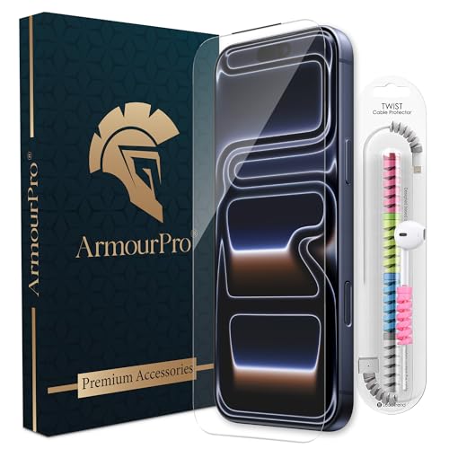 Image of ArmourPro Military-Grade Borderless Tempered Glass for iPhone 17 Pro Max (6.9 Inches) with Edge to Edge Protector Coverage, Cable Protector and Easy Installation Kit | Anti Dust Mesh Filter