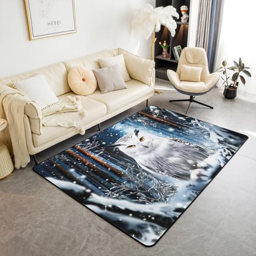 Enfants Hibou Tapis Salon 150x200,Hiver Jungle Wildlife Tapis Chambre Enfants Filles Garçons,Oiseaux Animaux Flocons de Neige Tapis de Salon Chambre,Pin...