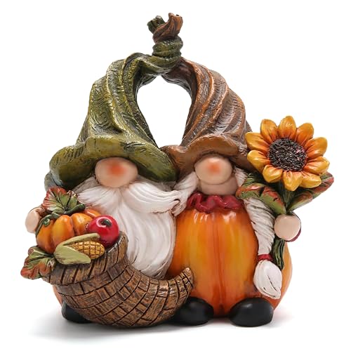 Wood Homing Kürbis Herbst Deko Gartenfiguren –Süß Kunstharz Zwerg mit Sonnenblume Apfel Mais Lange Mütze für Haus Tisch Innen Außen Herbst Wichtel Gartendeko Figuren Kinder Freunde Geschenk Erntedank