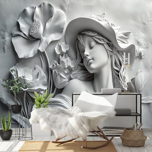 Custom Size Wall Murals - Angel Embossed Relief Beauty, Watercolor Hand-Painted Fresh Flower Beauty - Self-Adhesive Removable Stick Wallpaper for Office