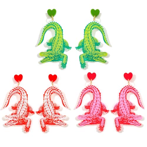 3 Pairs of Acrylic Animal Earrings Set for Women, Fun Amphibian Reptile Alligator Hedgehog Dangle Earrings, Lightweight Statement Animal Jewelry for Parties Festivals Everyday Wear