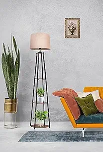 FEIXE Metal Floor LED Lamp With 3 Shelves Storage And Beige Color Shade For Home, Living Room, Bedroom, Office, Gift