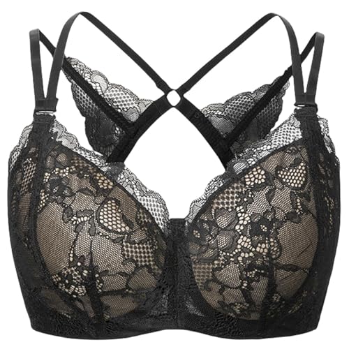HongXINGDd Tirantes de Mariposa de Encaje Push up Hombro Inclinado en V Profunda Camisola de Copa Completa Sujetador de Todos los días Black 95E