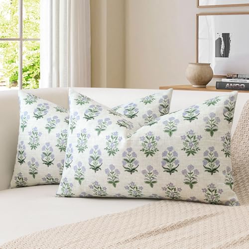 OTOSTAR Floral Print Pillow Covers 16x24 Inch Pack of 2 Double-Sided Blue Green Flower Lumbar Throw Pillow Covers Farmhouse Rustic Cushion Cases Sofa Home Couch Bed Living Room Decor (Blue Green)