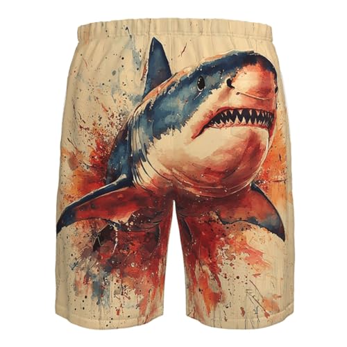 Men's Beach Shorts Board Casual Quick Dry Swim Trunks Holiday - Watercolor Shark Vintage Art4