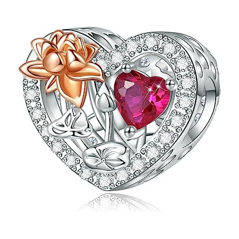 Birth Flower Birthstone Charm for Pandora Charms Bracelets Necklace 925 Sterling Silver July Heart Love Lotus Charm Birthday Mother's Day Christmas Jewelry Gifts Cover