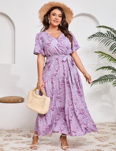 Image of ShopWonder Womens Plus Size V Neck Wrap Maxi Dress High Waist Ruffle Summer Casual Dress with Belt