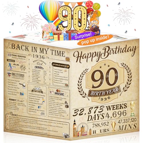 90th Birthday Cards Funny 3D Pop Up Gifts with Envelope for Women Men Wedding Anniversary Party Decorations Born In 1936 90 Year Old Poster Greeting Card for Grandma Mum Dad Husband Wife Aunt Uncle