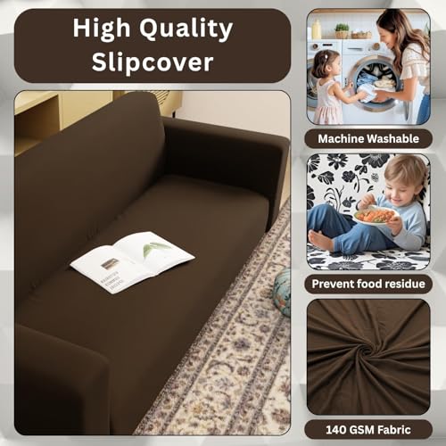Image of Lukzer 2 Seater Plain Brown Design Universal Sofa Cover | 360 Fully Covered Anti-Slip Washable Couch Cover Protecter | 140 GSM Stretch Fit Polyester + Spandex Slipcover (140-180cm /SC-031-02)